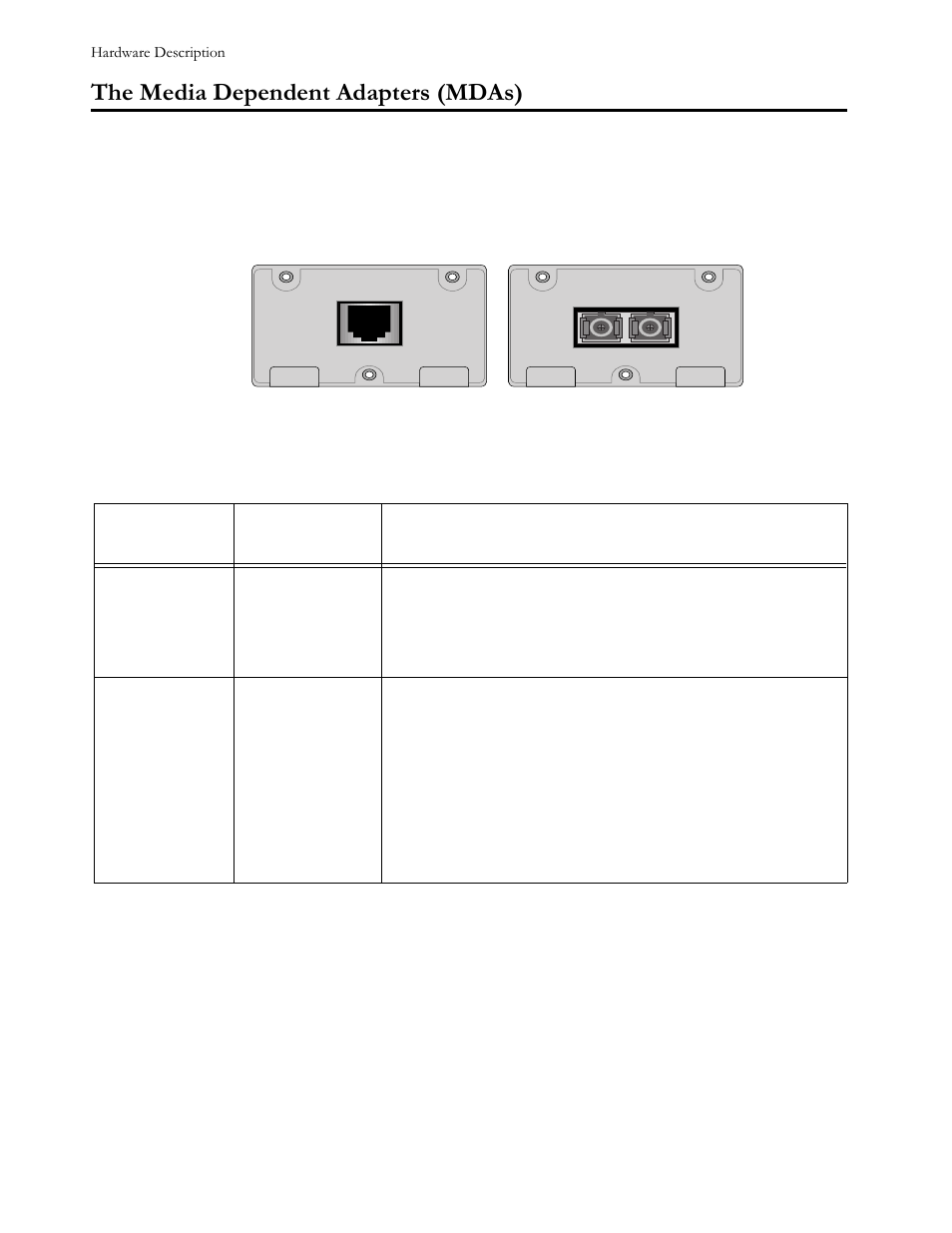 The media dependent adapters (mdas), Figure16 ata10 (tx) and ata11 (fx) mdas, Table12 media dependent adapter features | 7kh#0hgld#'hshqghqw#$gdswhuv#+0'$v | Allied Telesis AT-FS724 User Manual | Page 18 / 68