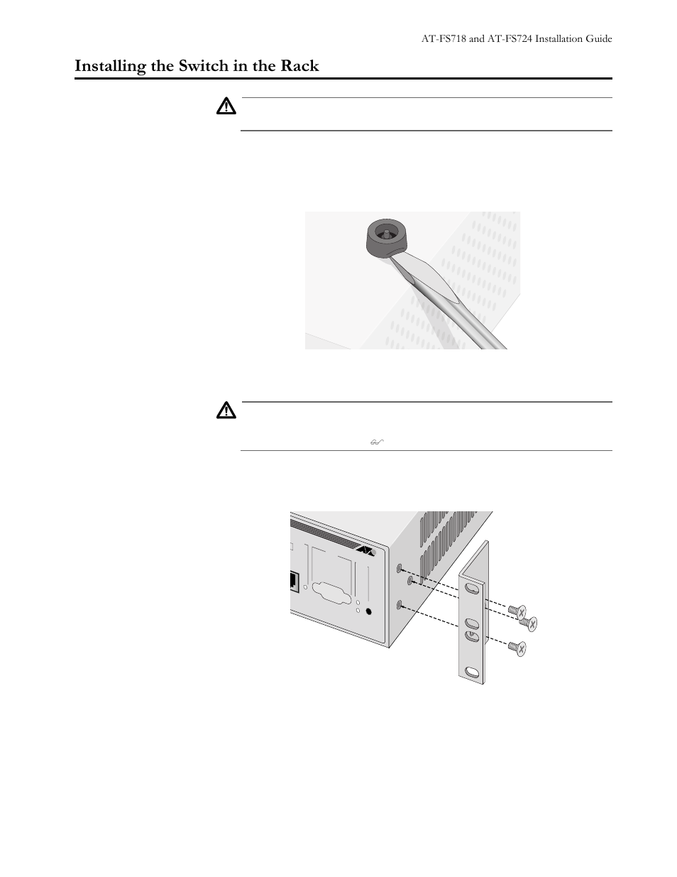 Installing the switch in the rack, Figure21 removing the feet, Figure22 attaching rackmounting brackets | Qvwdoolqj#wkh#6zlwfk#lq#wkh#5dfn | Allied Telesis AT-FS724 User Manual | Page 25 / 68
