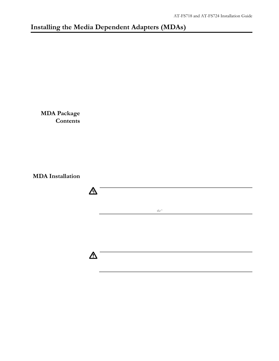 Installing the media dependent adapters (mdas), Mda package contents, Mda installation | Disconnect the switch’s power cord, if attached, Qvwdoolqj#wkh#0hgld#'hshqghqw#$gdswhuv#+0'$v, 0'$#3dfndjh &rqwhqwv, 0'$#,qvwdoodwlrq | Allied Telesis AT-FS724 User Manual | Page 27 / 68