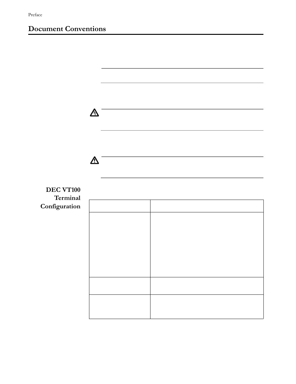 Document conventions, Dec vt100 terminal configuration, Rfxphqw#&rqyhqwlrqv | Allied Telesis AT-FS724 User Manual | Page 8 / 68