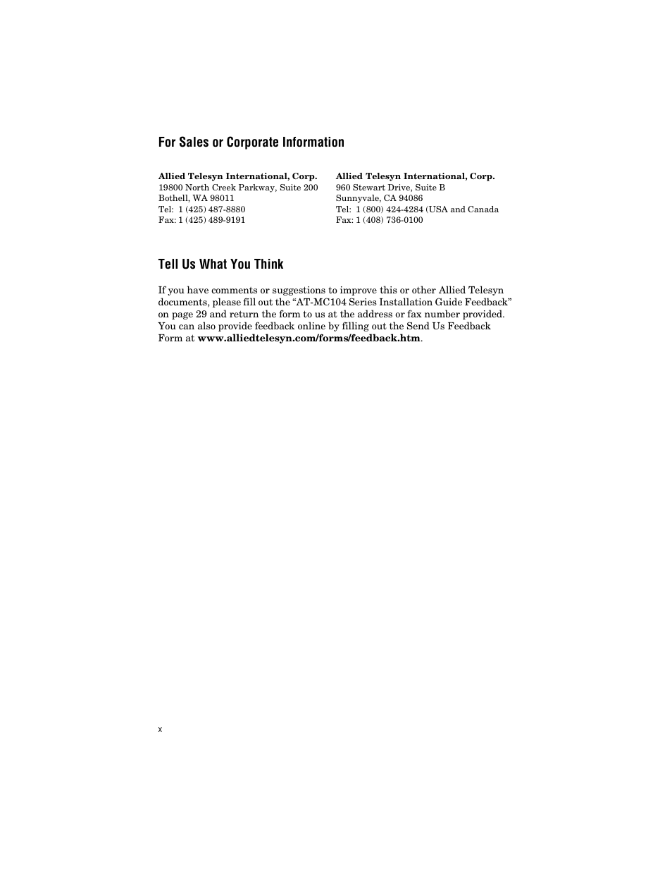 For sales or corporate information, Tell us what you think | Allied Telesis AT-MC104ST/FS3, FS4 User Manual | Page 10 / 42