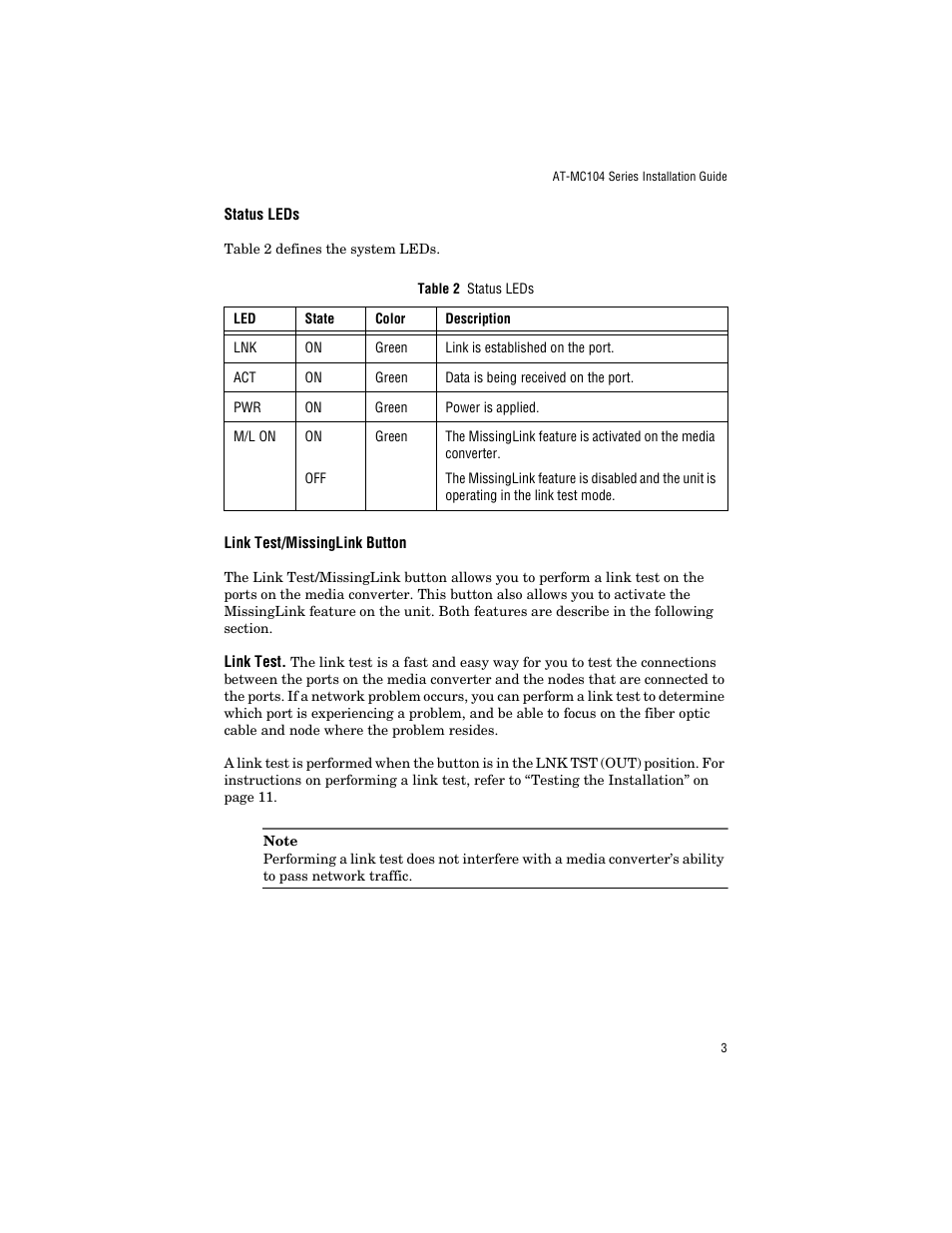Status leds, Link test/missinglink button, Status leds link test/missinglink button | Allied Telesis AT-MC104ST/FS3, FS4 User Manual | Page 13 / 42