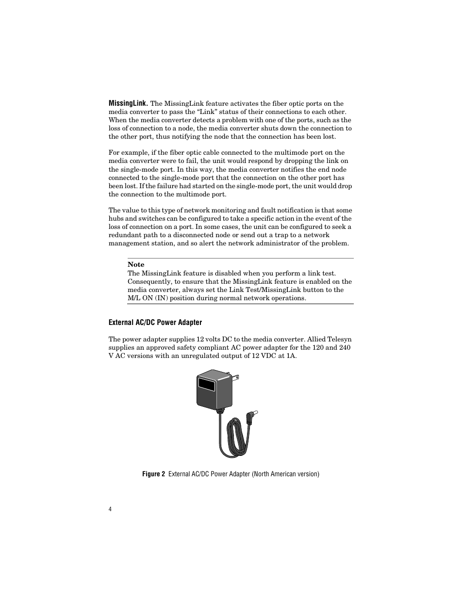 External ac/dc power adapter | Allied Telesis AT-MC104ST/FS3, FS4 User Manual | Page 14 / 42