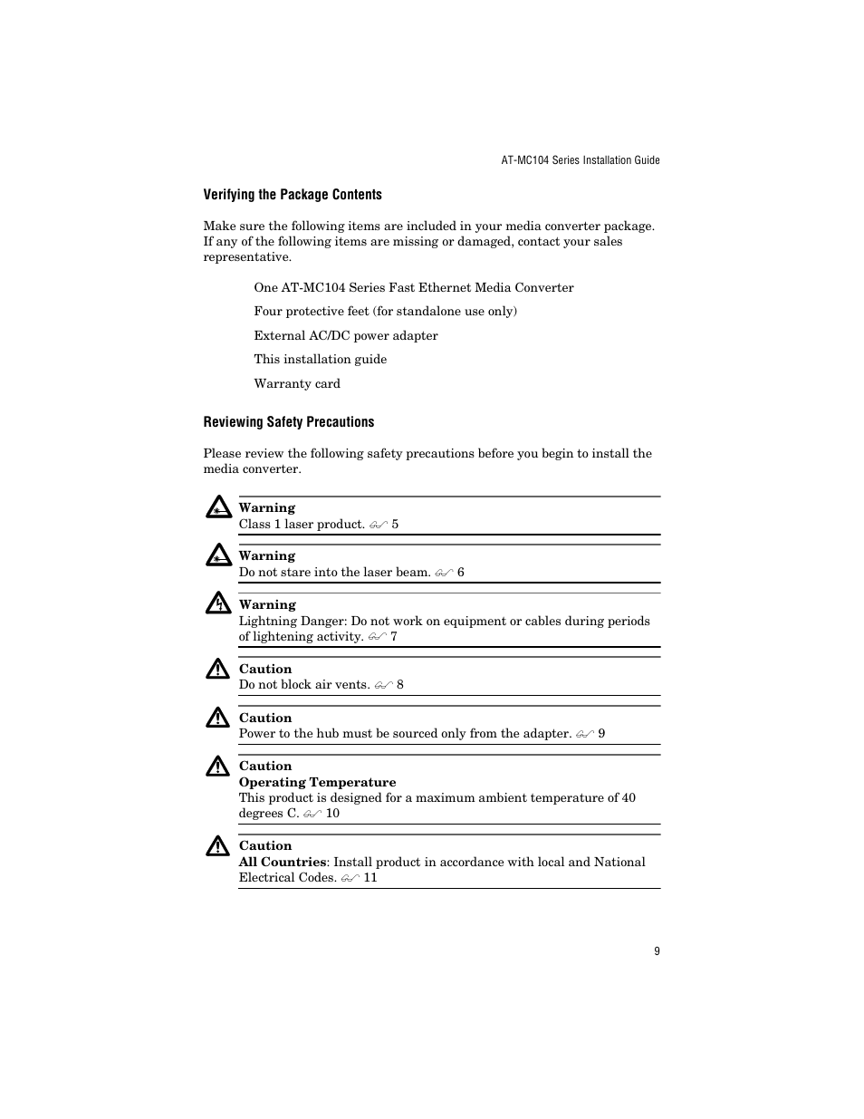 Verifying the package contents, Reviewing safety precautions | Allied Telesis AT-MC104ST/FS3, FS4 User Manual | Page 19 / 42