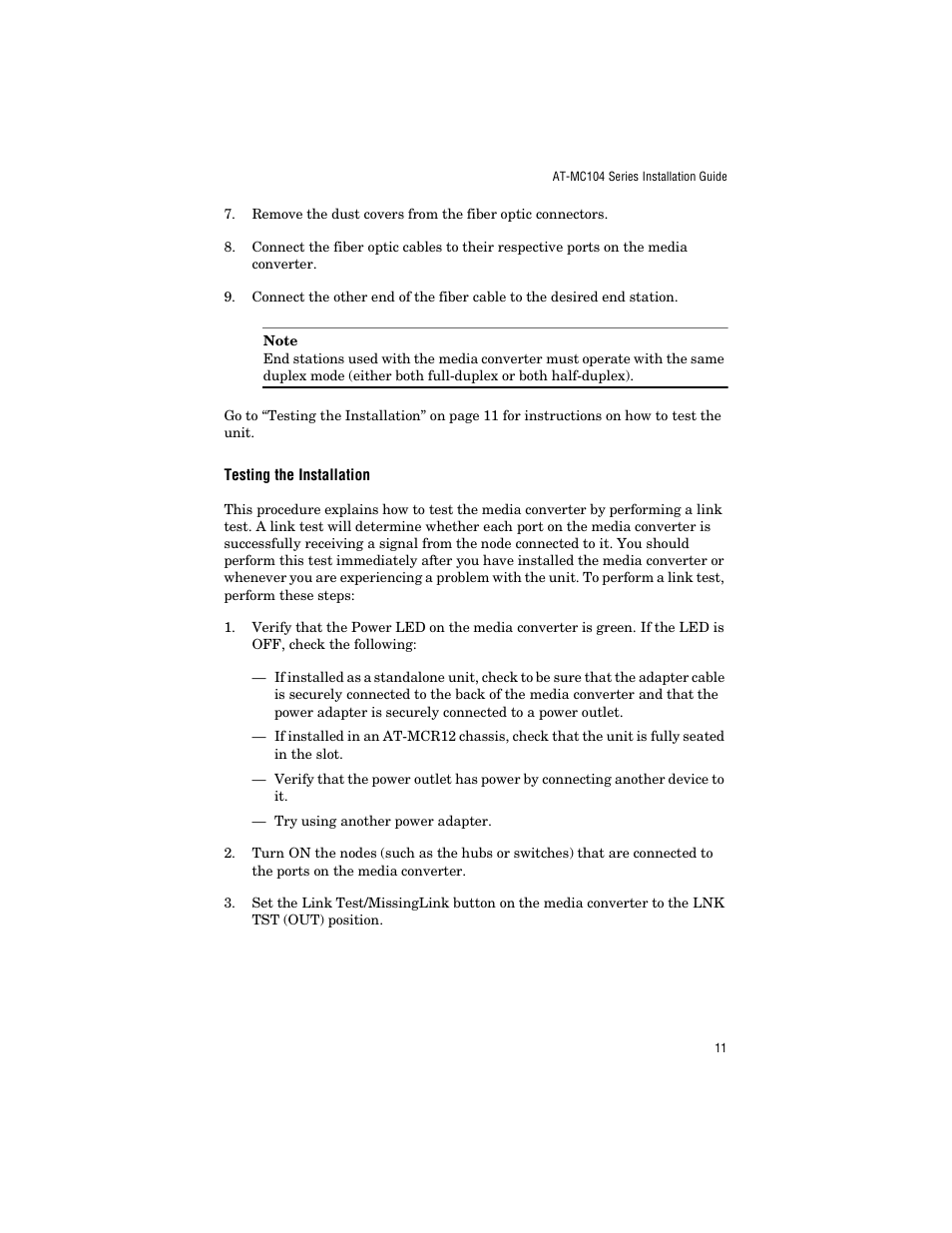 Testing the installation | Allied Telesis AT-MC104ST/FS3, FS4 User Manual | Page 21 / 42