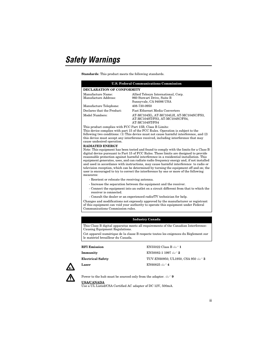 Safety warnings | Allied Telesis AT-MC104ST/FS3, FS4 User Manual | Page 3 / 42