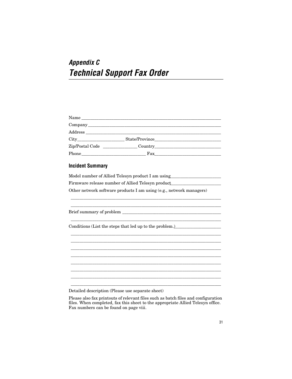 Appendix c, Technical support fax order | Allied Telesis AT-MC104ST/FS3, FS4 User Manual | Page 41 / 42