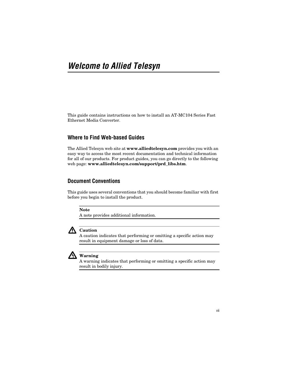 Welcome to allied telesyn, Where to find web-based guides, Document conventions | Allied Telesis AT-MC104ST/FS3, FS4 User Manual | Page 7 / 42