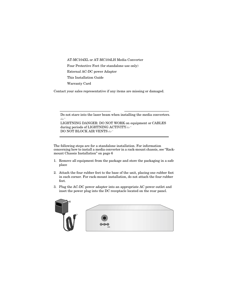 Package contents, Installing the media converter as a standalone | Allied Telesis AT-MC104LH User Manual | Page 10 / 28