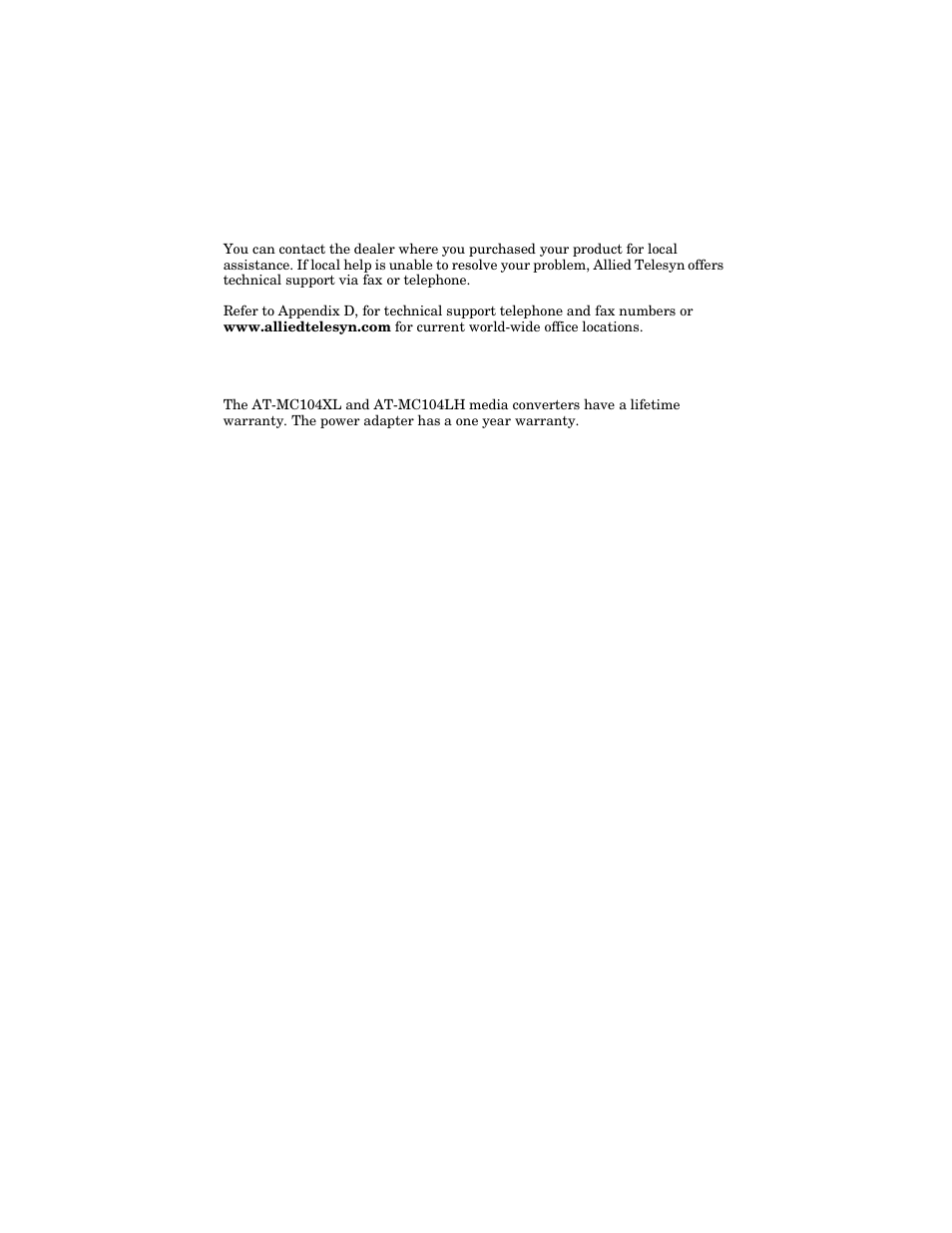 Technical support and service, Warranty, Technical support and service warranty | Allied Telesis AT-MC104LH User Manual | Page 16 / 28