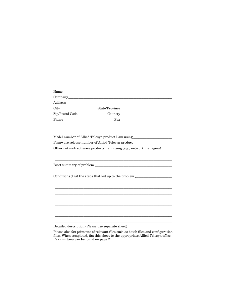 Appendix c, Technical support fax order, Incident summary | Allied Telesis AT-MC104LH User Manual | Page 25 / 28