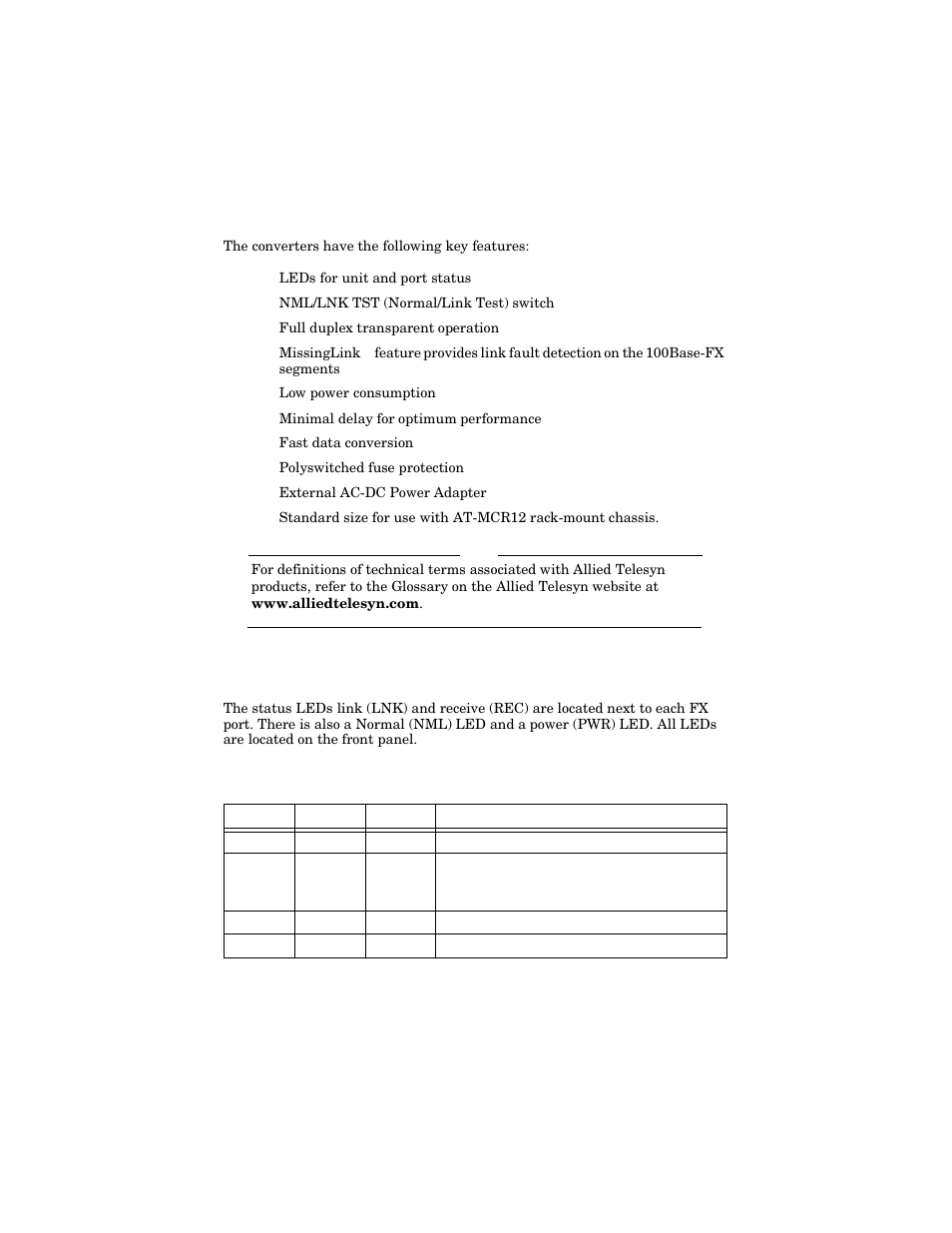 Key features, Leds, Key features leds | Allied Telesis AT-MC104LH User Manual | Page 8 / 28