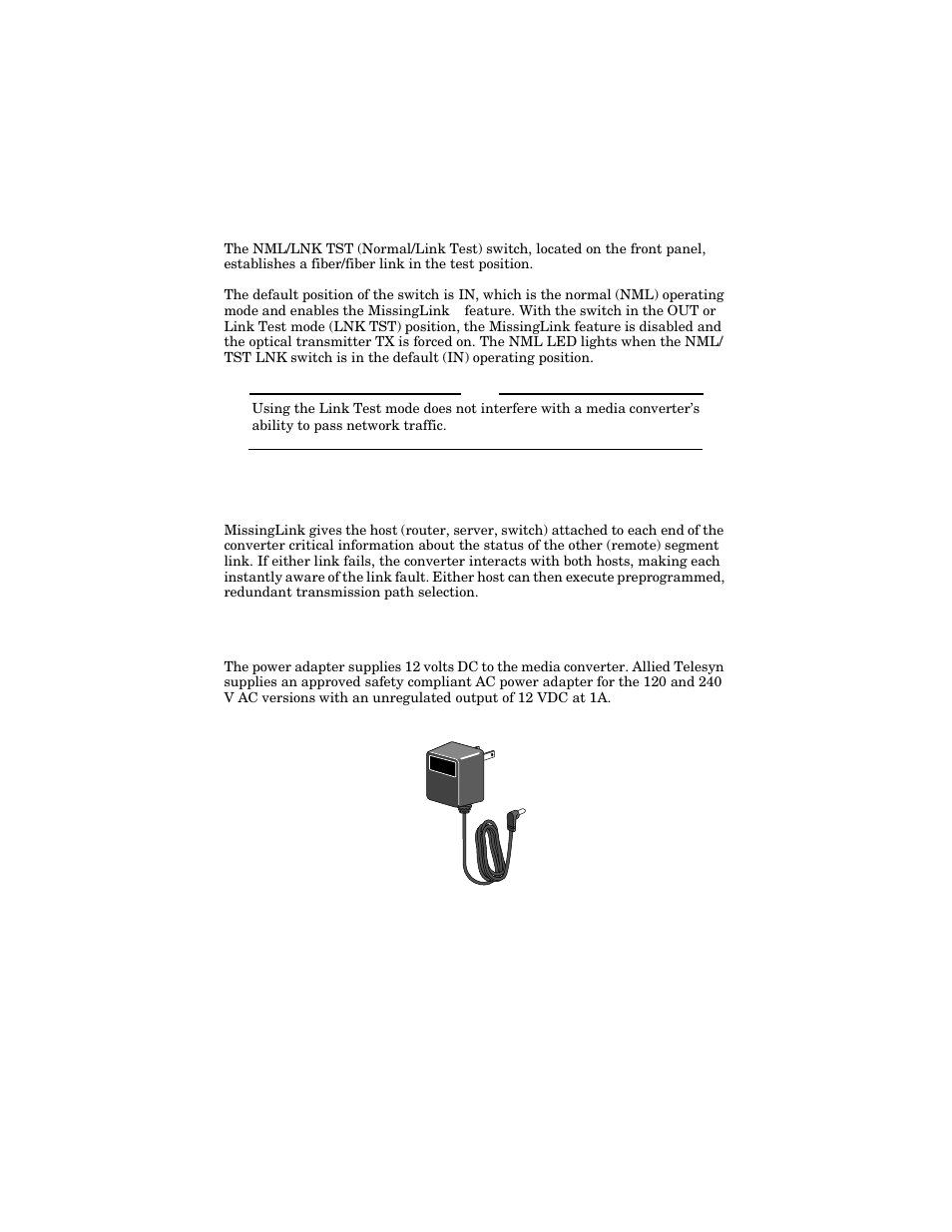 Nml/lnk tst switch, Missinglink, External ac-dc power adapter | Allied Telesis AT-MC104LH User Manual | Page 9 / 28