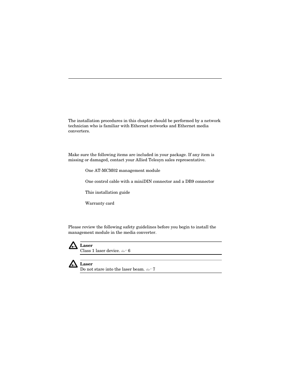 Chapter 2, Installing the management module, Verifying the package contents | Reviewing the safety guidelines | Allied Telesis AT-MCM02 User Manual | Page 13 / 52