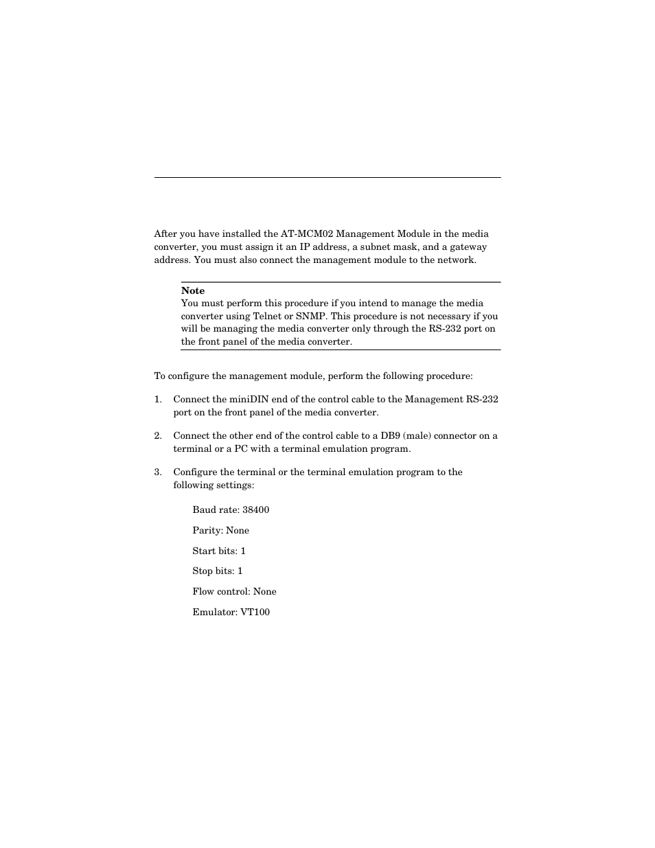 Chapter 3, Configuring the management module | Allied Telesis AT-MCM02 User Manual | Page 19 / 52