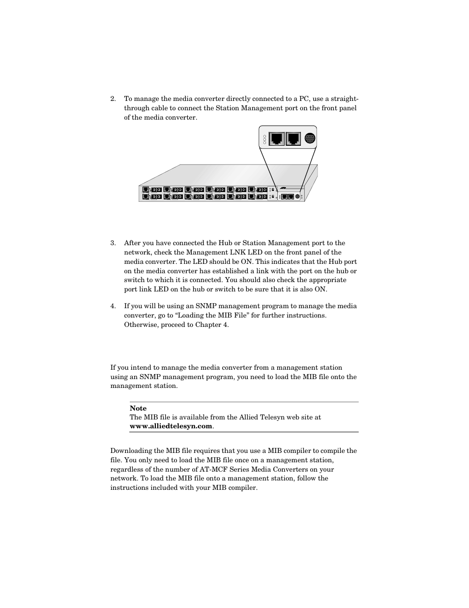 Loading the mib file, Norm test, Lnk rec station hub or | Reset | Allied Telesis AT-MCM02 User Manual | Page 22 / 52