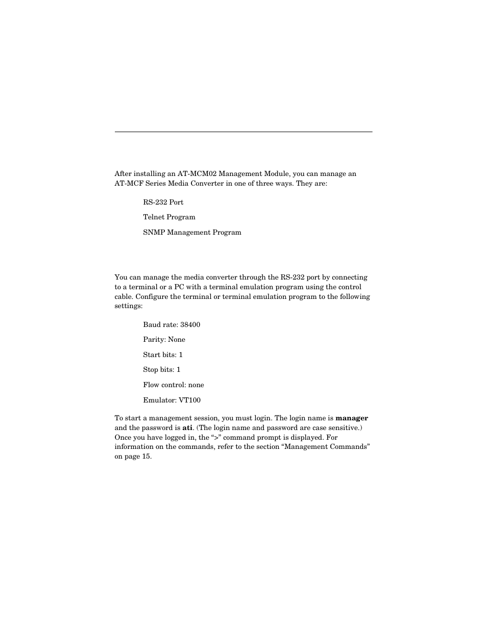 Chapter 4, Managing a multichannel media converter, Rs-232 port | Allied Telesis AT-MCM02 User Manual | Page 23 / 52