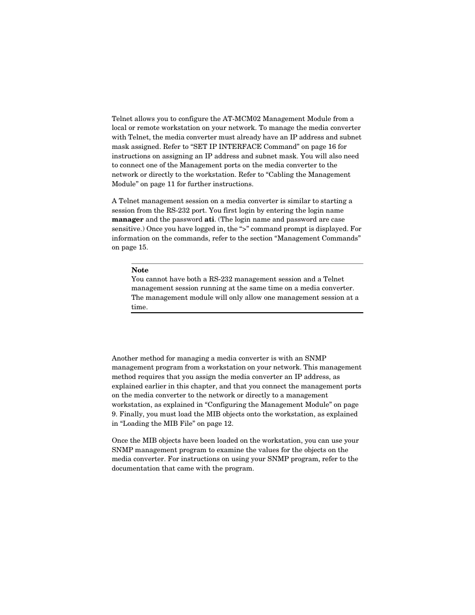 Telnet application protocol, Snmp management program | Allied Telesis AT-MCM02 User Manual | Page 24 / 52