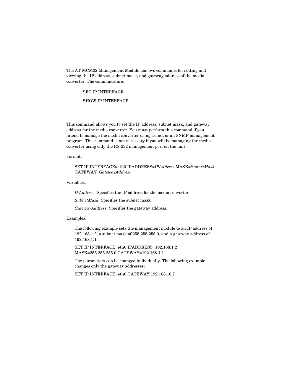 Ip commands, Set ip interface command | Allied Telesis AT-MCM02 User Manual | Page 26 / 52