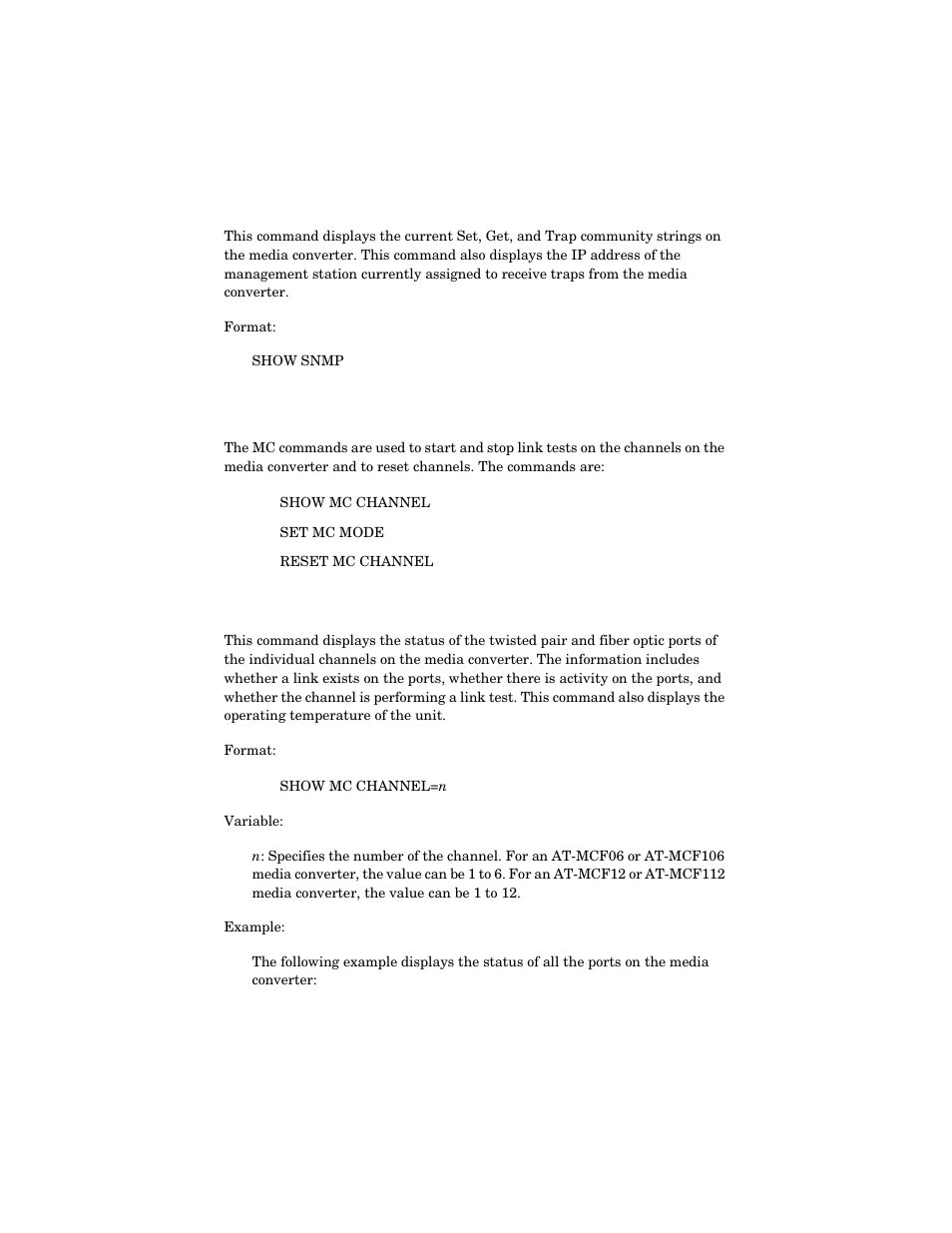 Show snmp command, Mc commands, Show mc channel command | Allied Telesis AT-MCM02 User Manual | Page 30 / 52