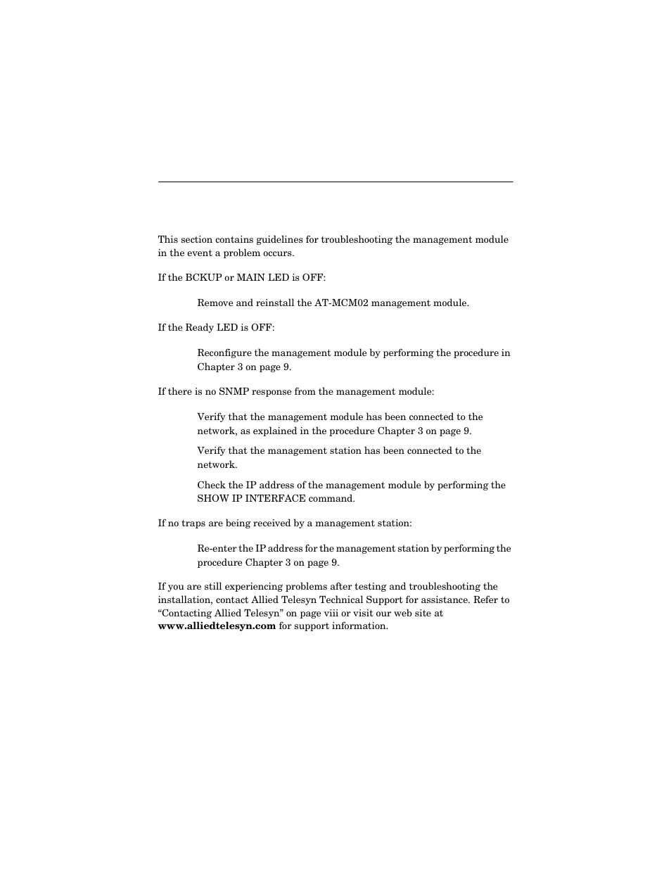 Chapter 5, Troubleshooting | Allied Telesis AT-MCM02 User Manual | Page 37 / 52
