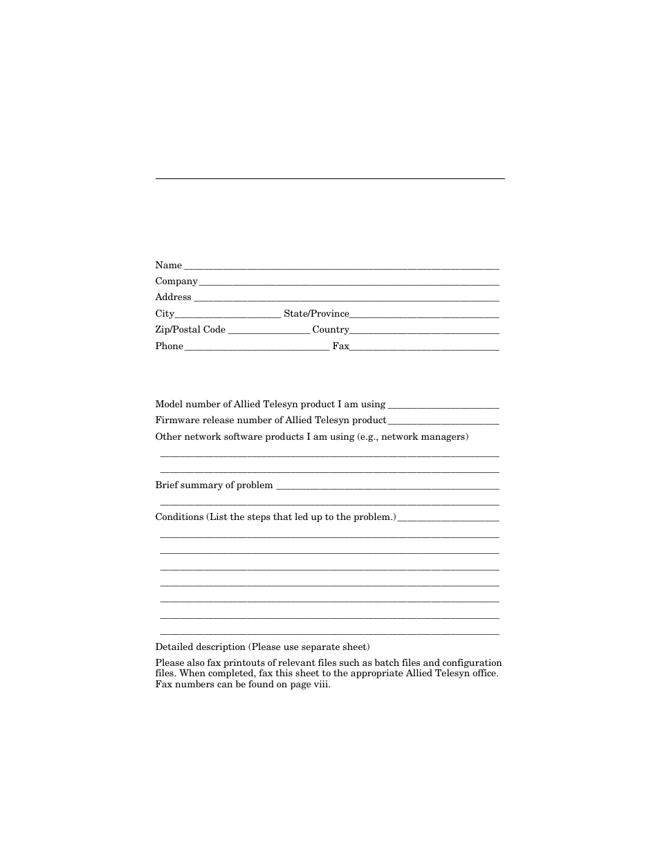 Appendix b, Technical support fax order, Incident summary | Allied Telesis AT-MCM02 User Manual | Page 51 / 52