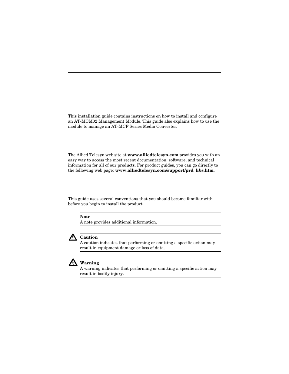 Welcome to allied telesyn, Where to find web-based guides, Document conventions | Allied Telesis AT-MCM02 User Manual | Page 7 / 52