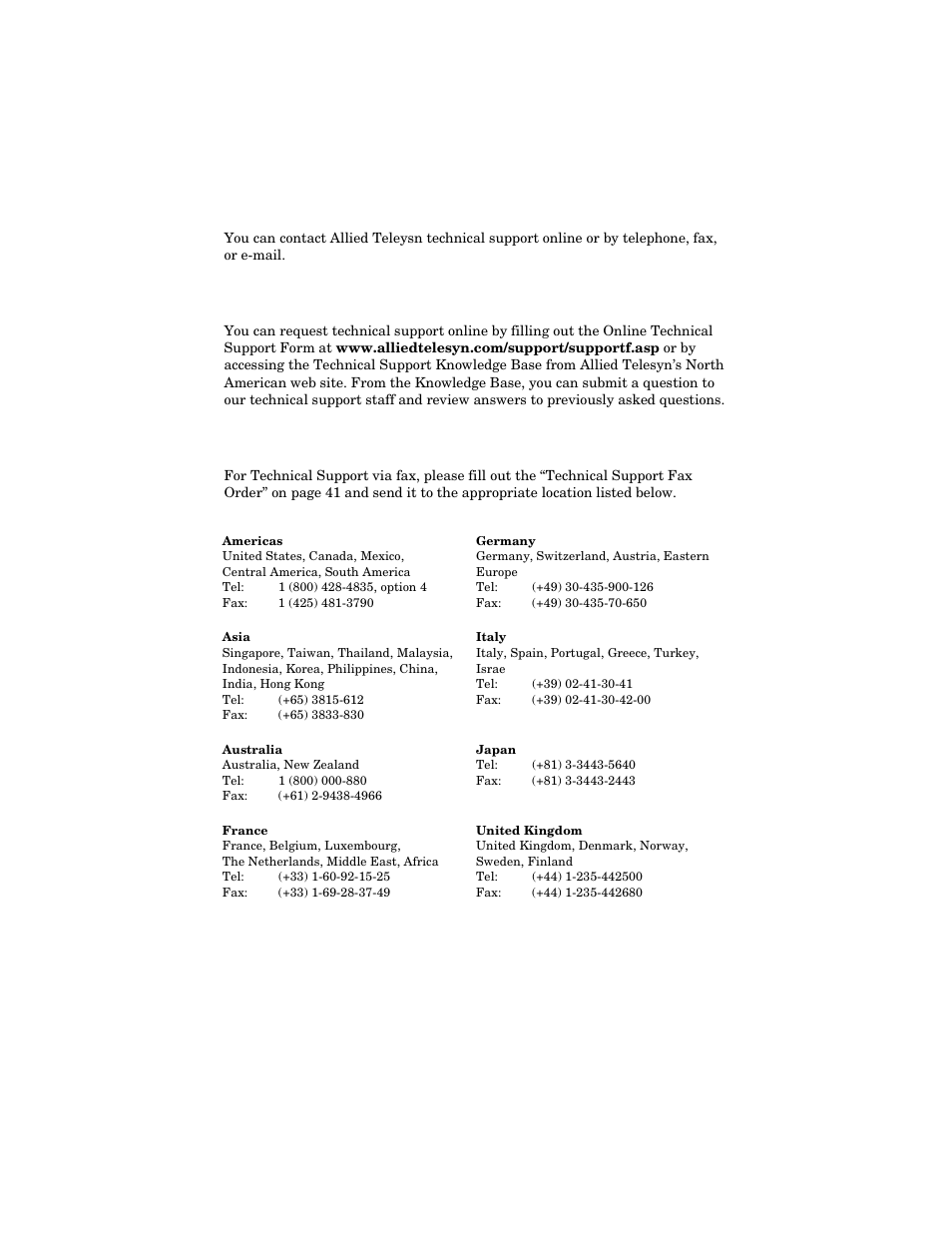 Contacting allied telesyn, Online support, Telephone or fax support | Allied Telesis AT-MCM02 User Manual | Page 8 / 52