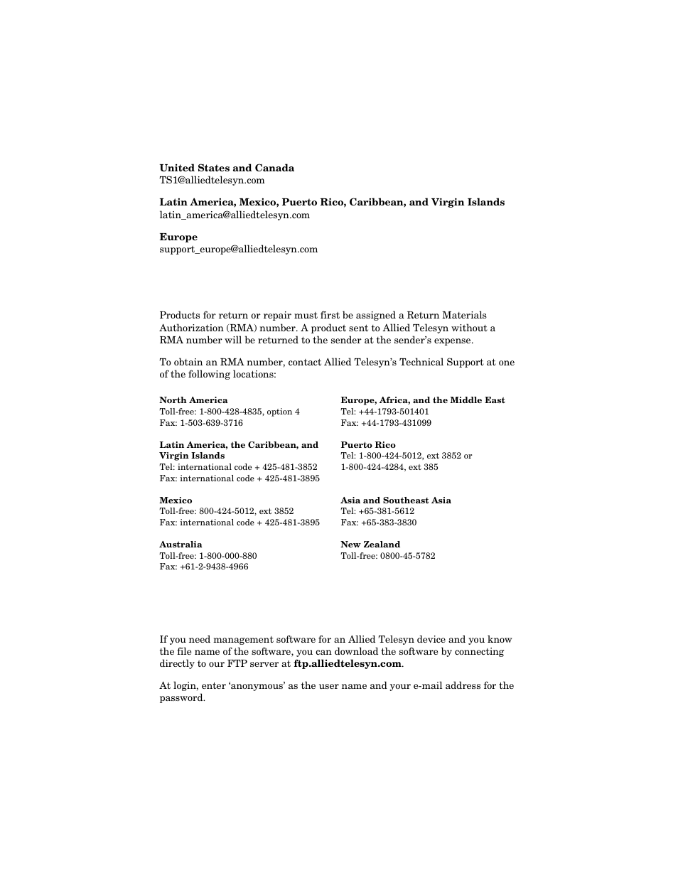 E-mail support, Returning products, Ftp server | Allied Telesis AT-MCM02 User Manual | Page 9 / 52