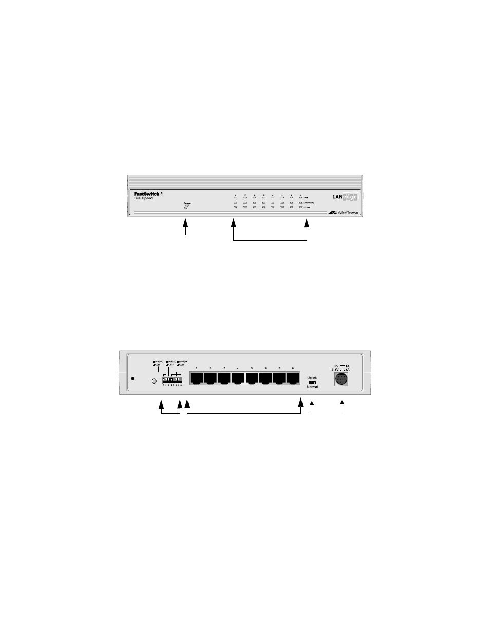 Physical description, Front panel, Rear panel | Front panel rear panel | Allied Telesis FastSwitch8 User Manual | Page 9 / 26