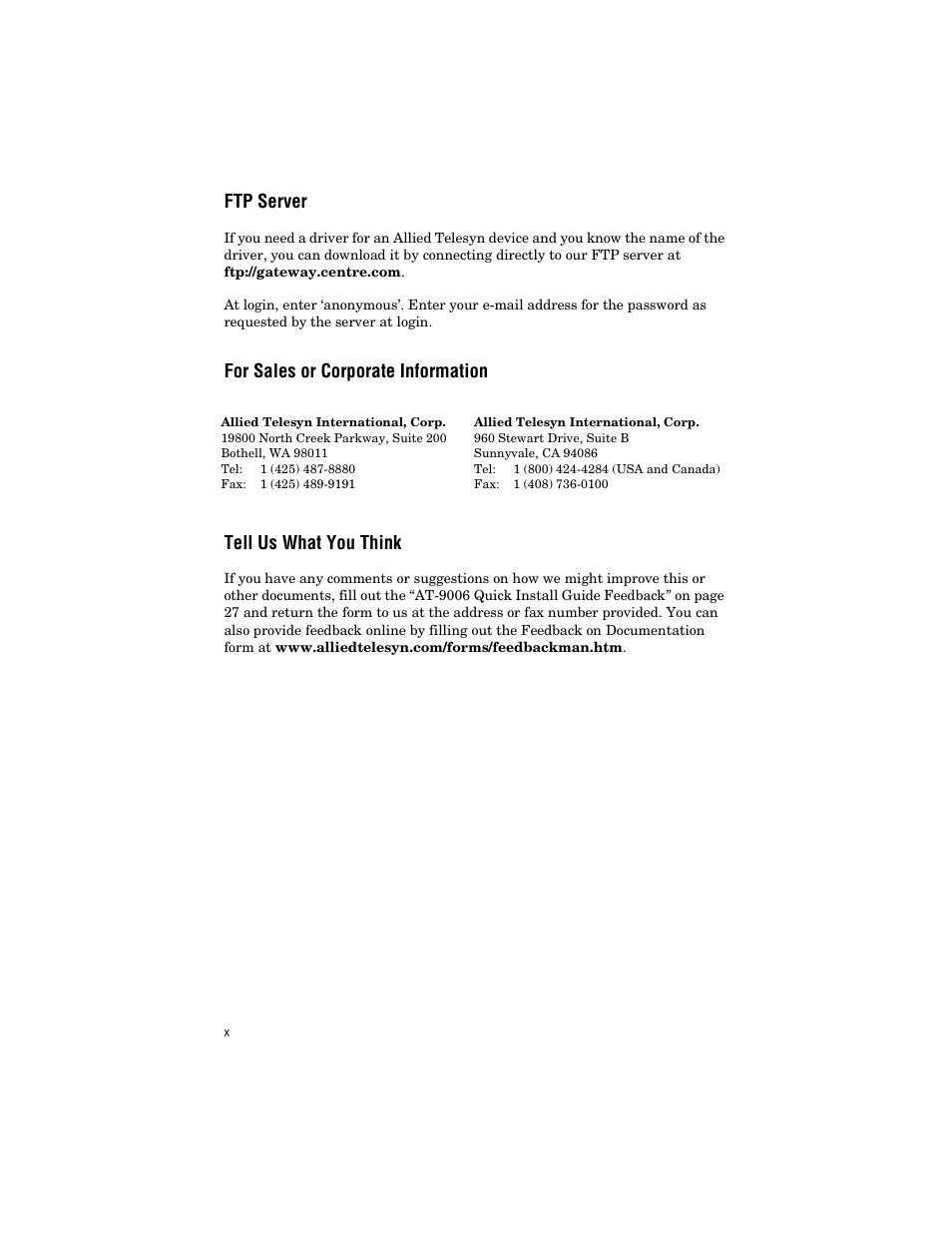 Ftp server, For sales or corporate information, Tell us what you think | Allied Telesis AT-9006LX/SC User Manual | Page 10 / 38