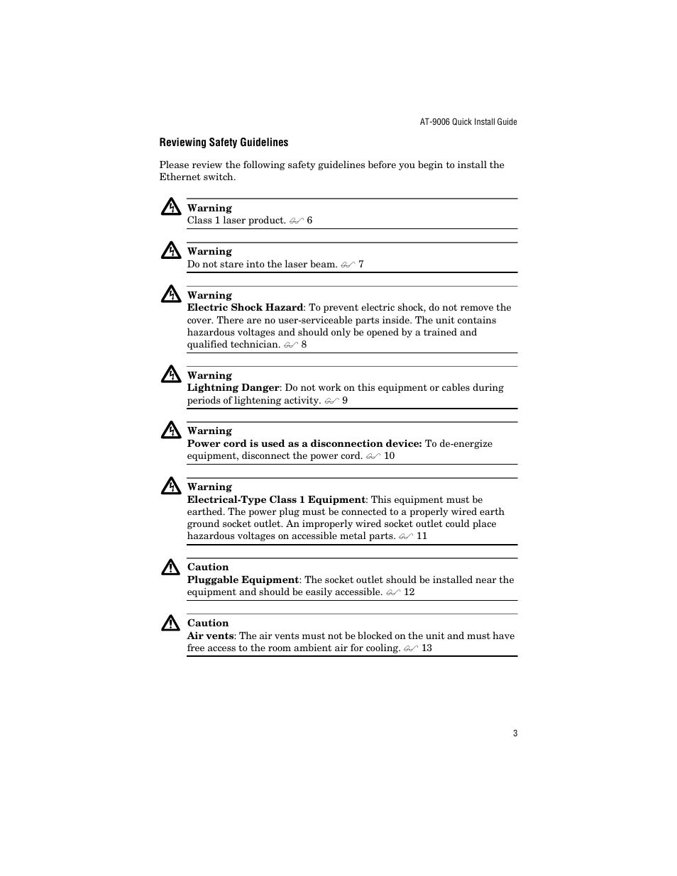 Reviewing safety guidelines | Allied Telesis AT-9006LX/SC User Manual | Page 13 / 38
