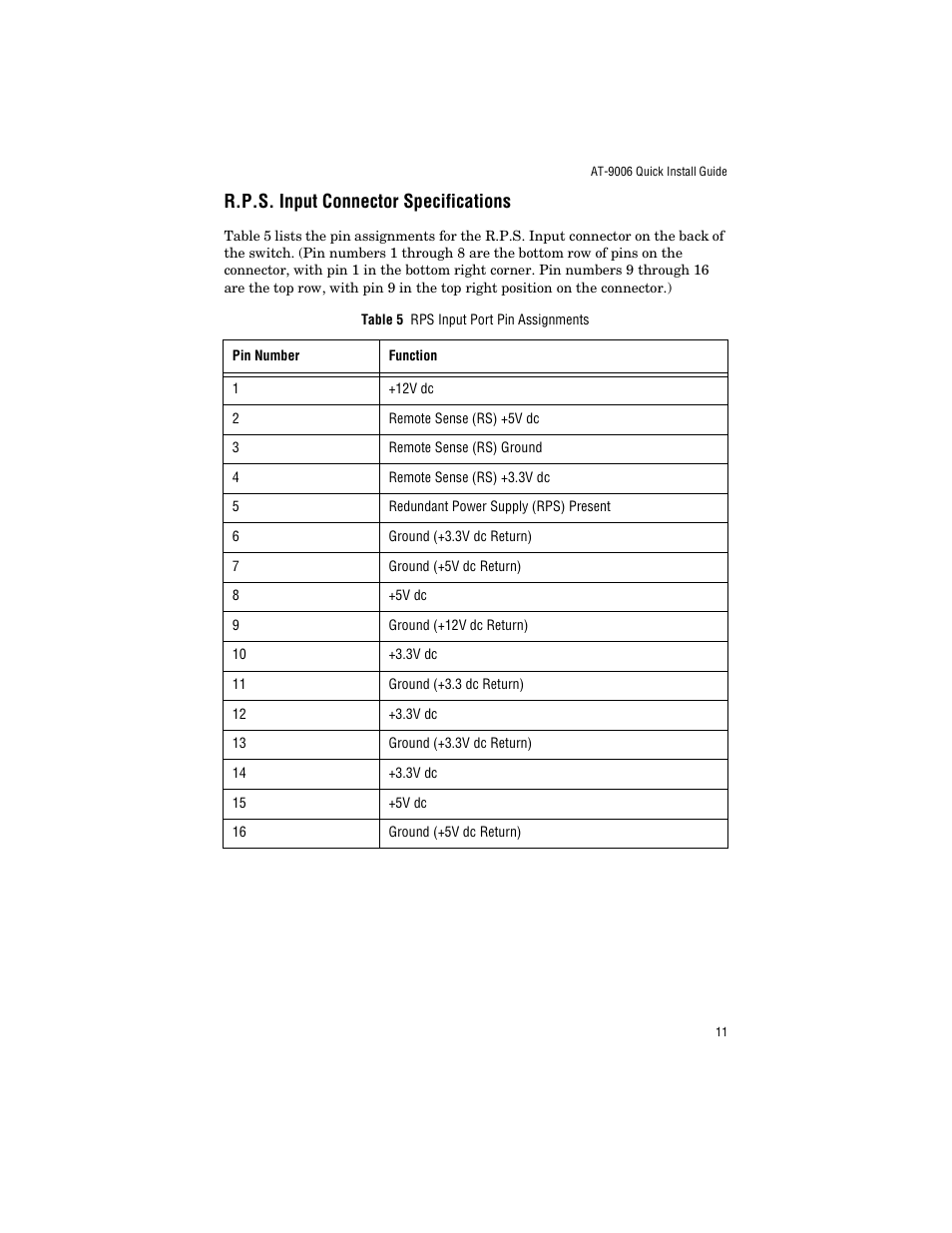 R.p.s. input connector specifications | Allied Telesis AT-9006LX/SC User Manual | Page 21 / 38