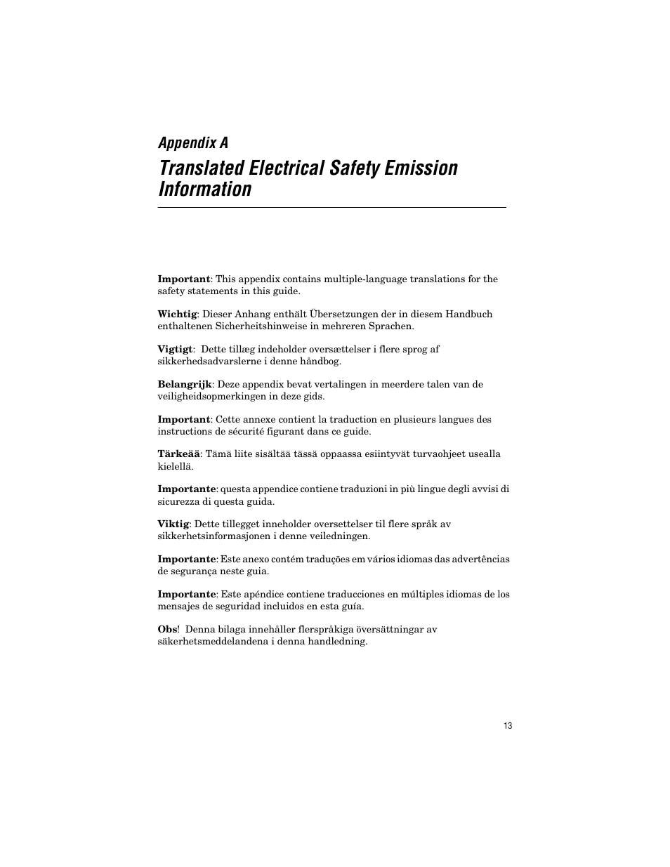 Appendix a, Translated electrical safety emission information, Translated electrical safety emission informatio | Allied Telesis AT-9006LX/SC User Manual | Page 23 / 38