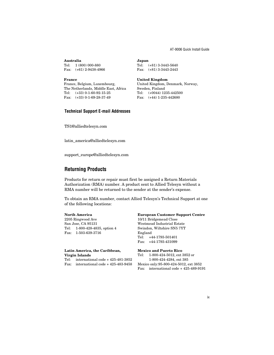 Technical support e-mail addresses, Returning products | Allied Telesis AT-9006LX/SC User Manual | Page 9 / 38