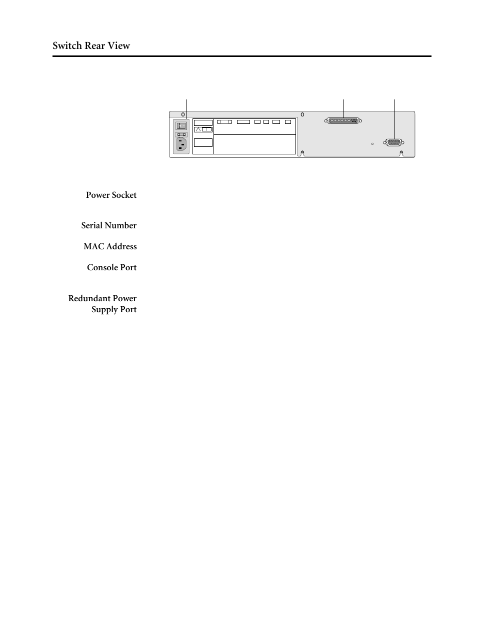 Switch rear view, Power socket, Serial number | Mac address, Console port, Redundant power supply port | Allied Telesis AT-8550 User Manual | Page 19 / 43
