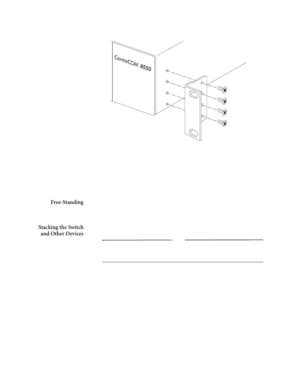 Free-standing, Stacking the switch and other devices, Stacking the switch and other device | Fit_rack.eps | Allied Telesis AT-8550 User Manual | Page 23 / 43