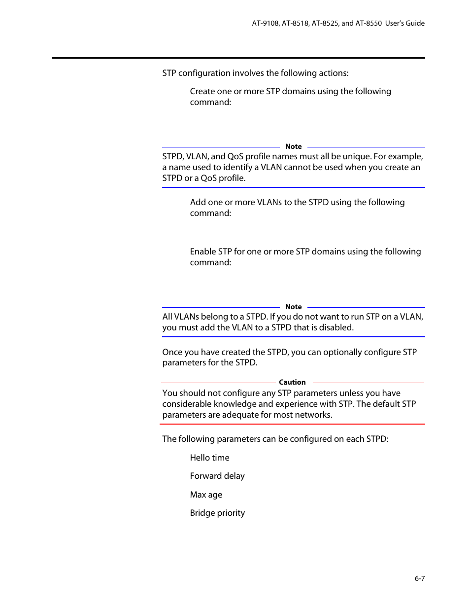 Configuring stp on the switch, Configuring stp on the switch -7 | Allied Telesis AT-8550 User Manual | Page 101 / 260