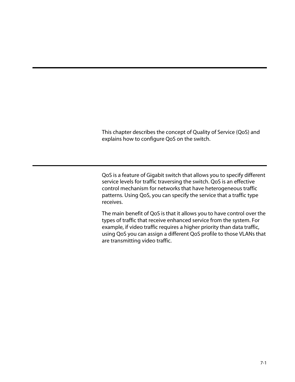 Chapter 7, Quality of service (qos), Overview of quality of service | Overview of quality of service -1, Chapter 7, quality of service (qos), Qos, refer to | Allied Telesis AT-8550 User Manual | Page 107 / 260