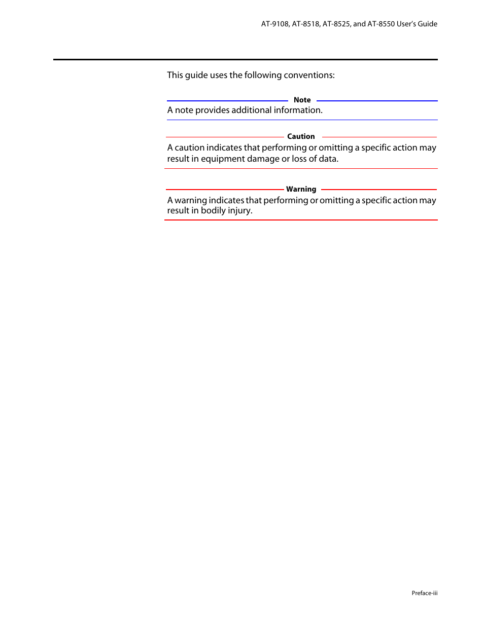 Document conventions, Conventions, Document | Allied Telesis AT-8550 User Manual | Page 11 / 260