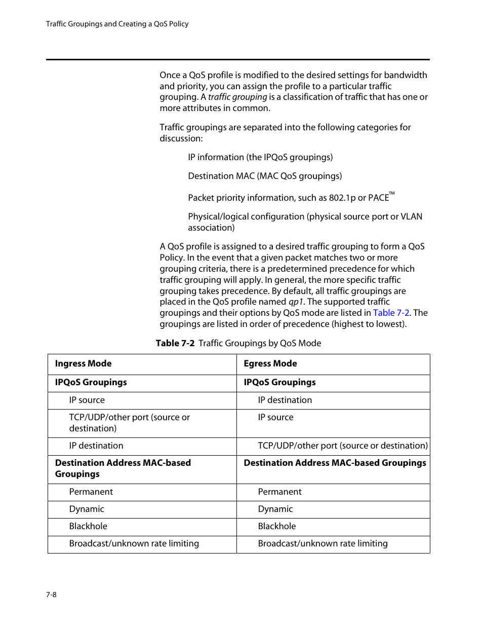 Traffic groupings and creating a qos policy, Traffic groupings and creating a qos policy -8 | Allied Telesis AT-8550 User Manual | Page 114 / 260