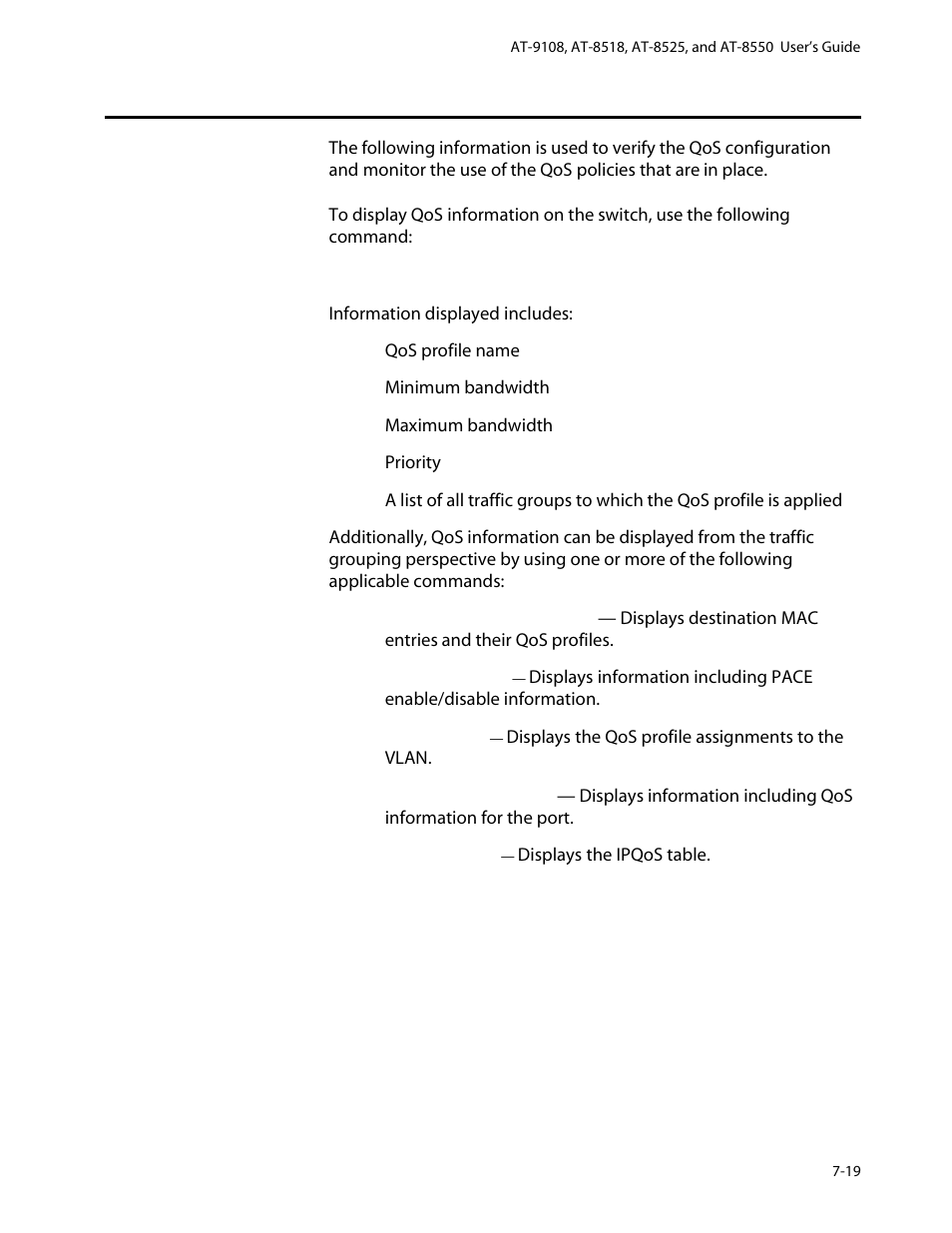 Verifying configuration and performance, Displaying qos information, Verifying configuration and performance -19 | Displaying qos information -19 | Allied Telesis AT-8550 User Manual | Page 125 / 260