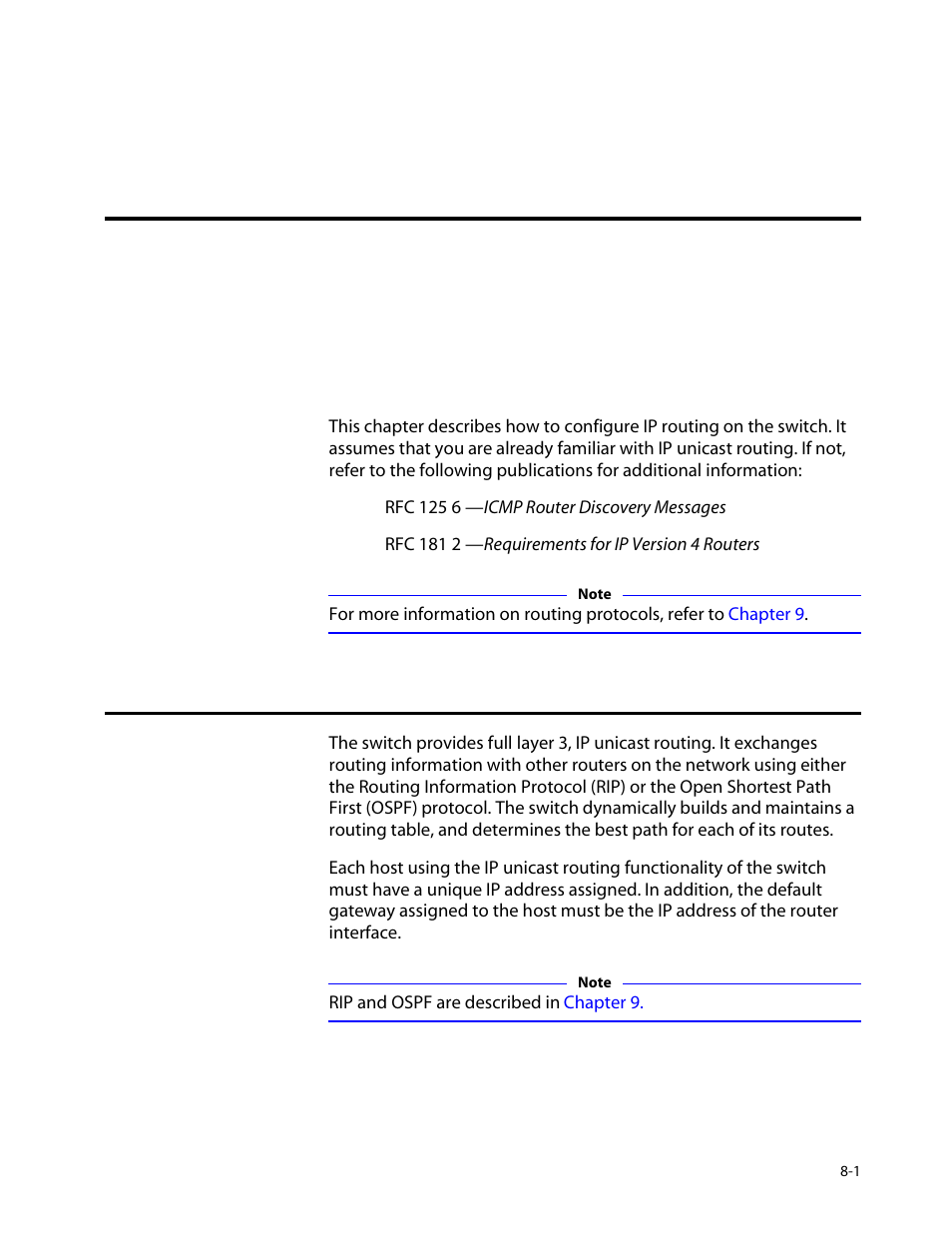 Chapter 8, Ip unicast routing, Overview of ip unicast routing | Overview of ip unicast routing -1, Chapter 8, ip unicast routing, Y, refer to | Allied Telesis AT-8550 User Manual | Page 129 / 260