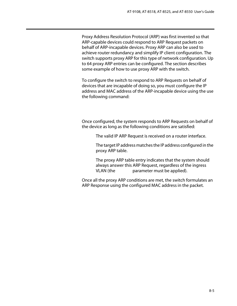 Proxy arp, Arp-incapable devices, Proxy arp -5 | Arp-incapable devices -5 | Allied Telesis AT-8550 User Manual | Page 133 / 260
