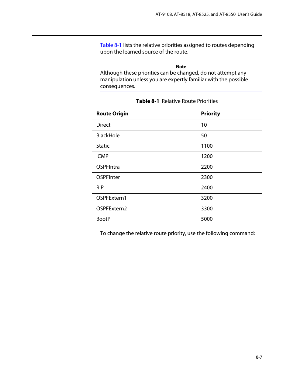 Relative route priorities, Relative route priorities -7 | Allied Telesis AT-8550 User Manual | Page 135 / 260