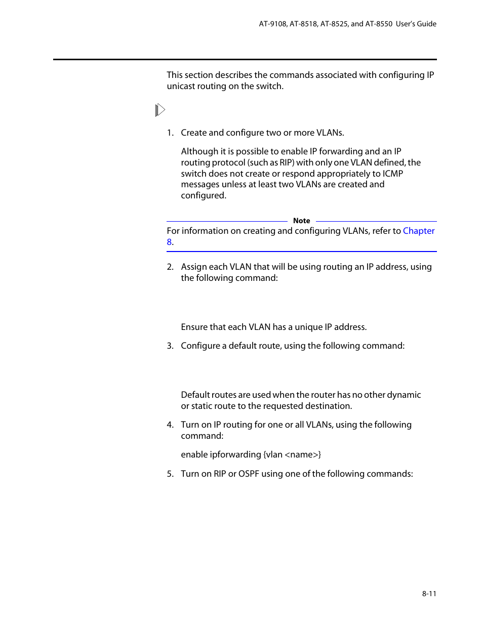 Configuring ip unicast routing, Configuring ip unicast routing -11 | Allied Telesis AT-8550 User Manual | Page 139 / 260