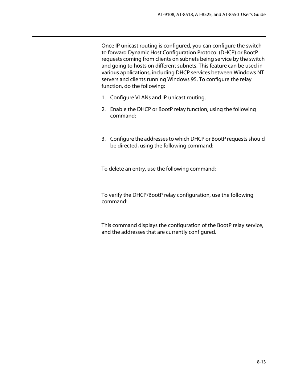 Configuring dhcp/bootp relay, Verifying the dhcp/bootp relay configuration, Configuring dhcp/bootp relay -13 | Verifying the dhcp/bootp relay configuration -13 | Allied Telesis AT-8550 User Manual | Page 141 / 260