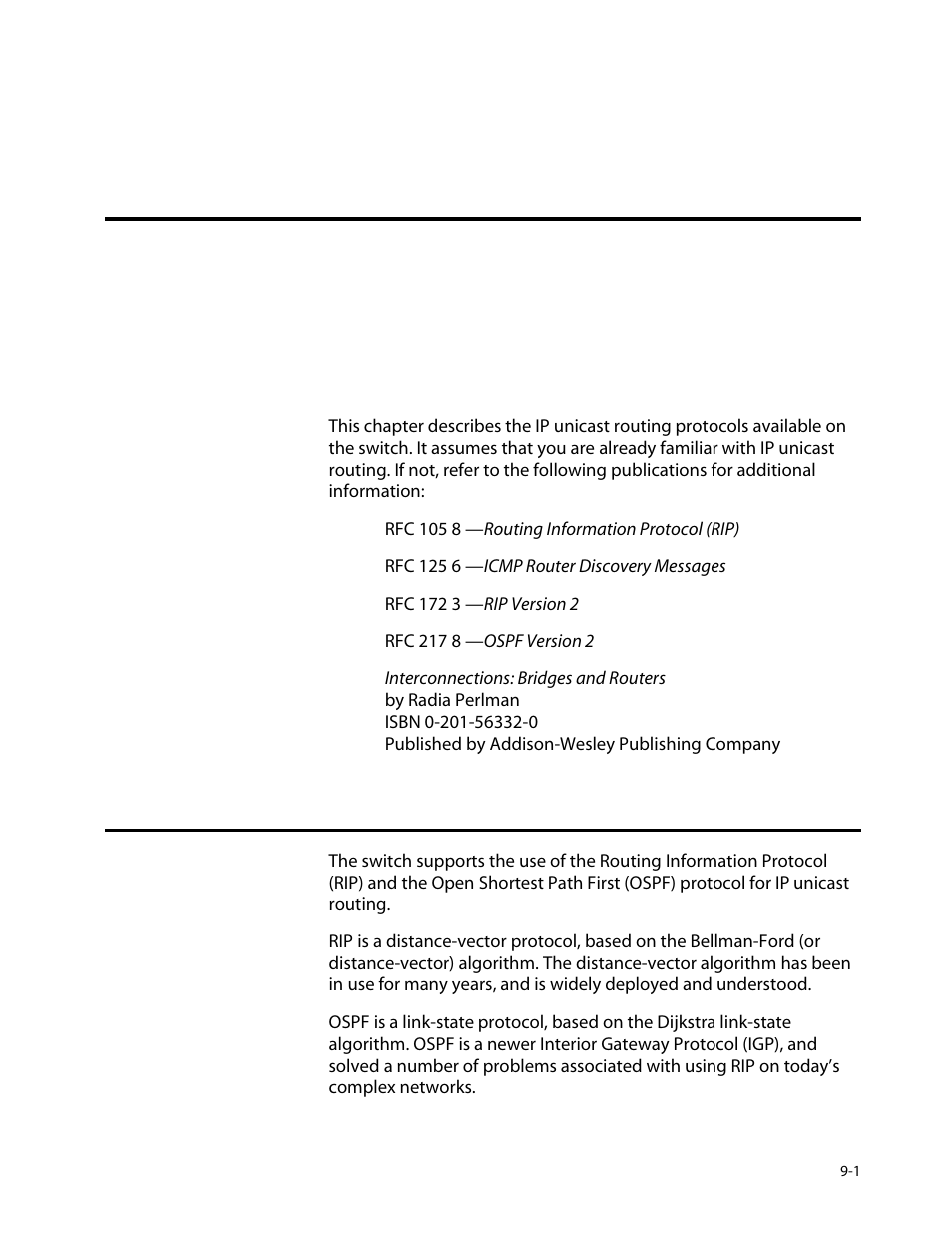 Chapter 9, Rip and ospf, Overview | Overview -1, Chapter 9, rip and ospf, R to, Scribed in | Allied Telesis AT-8550 User Manual | Page 155 / 260