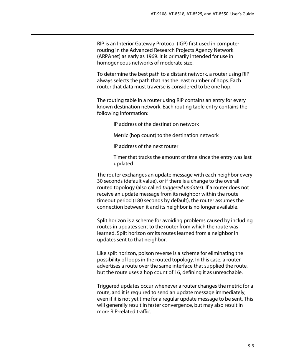 Overview of rip, Routing table, Split horizon | Poison reverse, Triggered updates, Overview of rip -3 | Allied Telesis AT-8550 User Manual | Page 157 / 260