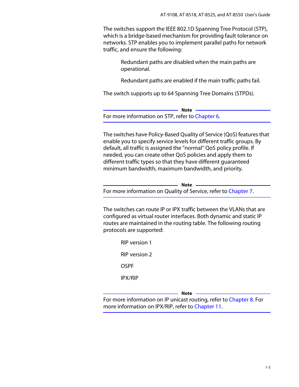 Spanning tree protocol (stp), Quality of service (qos), Unicast routing | Allied Telesis AT-8550 User Manual | Page 17 / 260